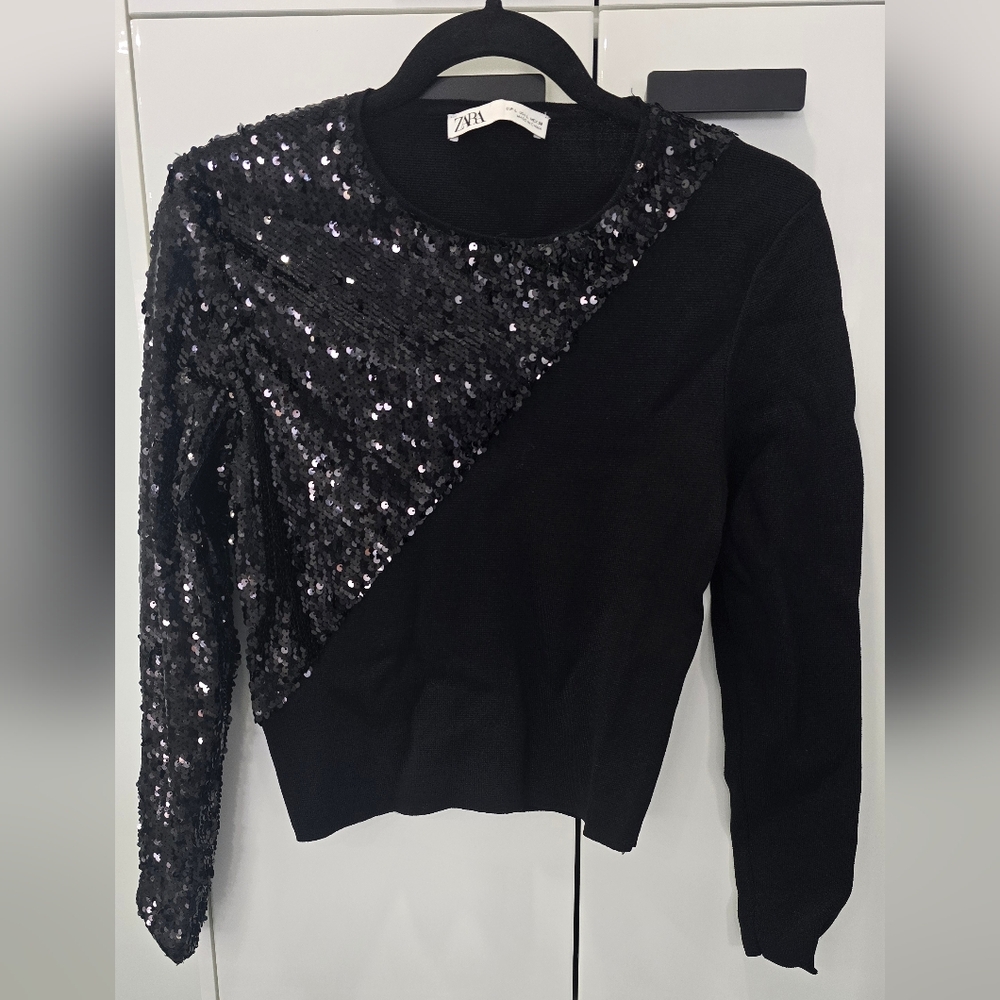 Zara Black Sequin Asymmetrical Sweater Size S-M